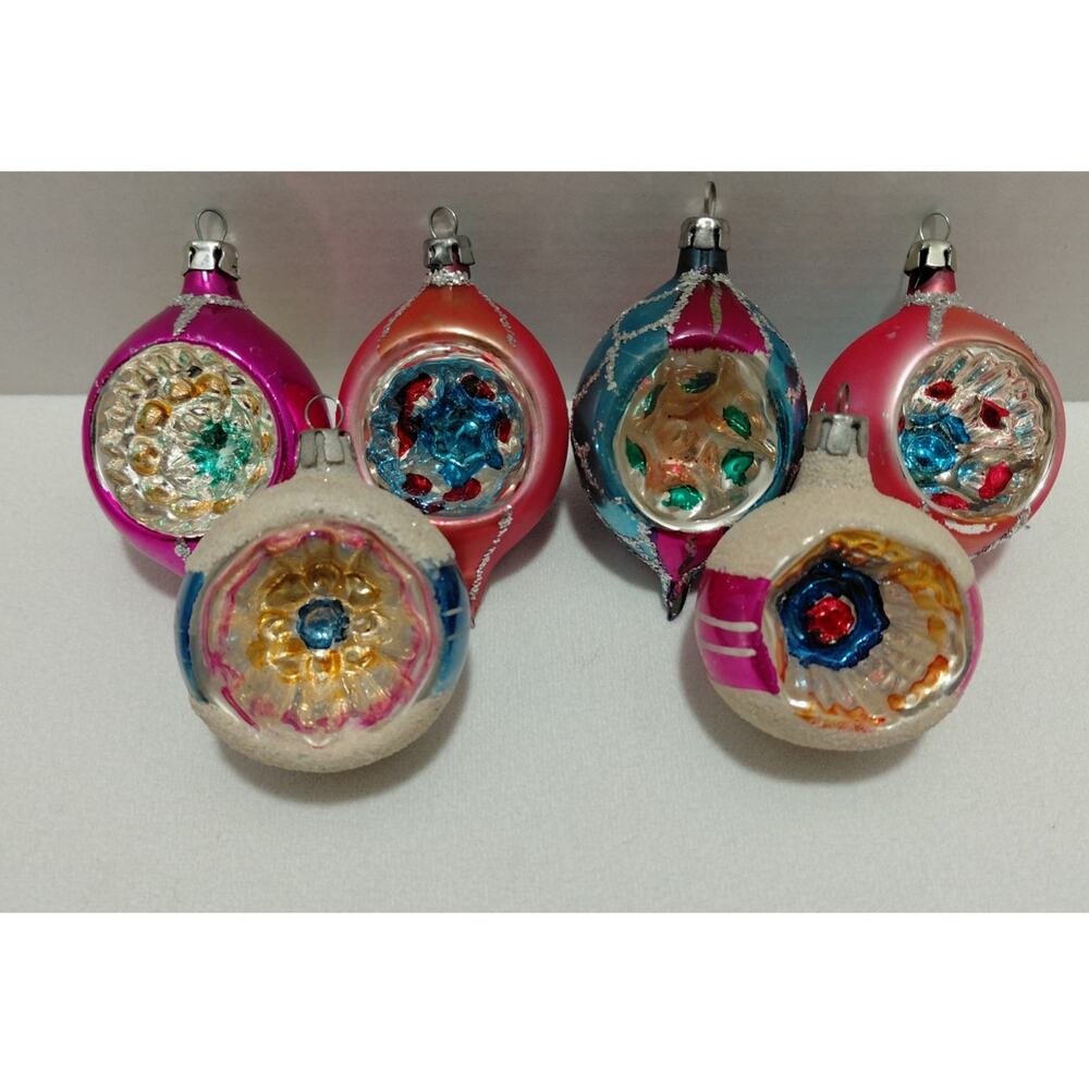 Vintage Glass Indent Christmas Ornaments Teardrop and Round Box of Six